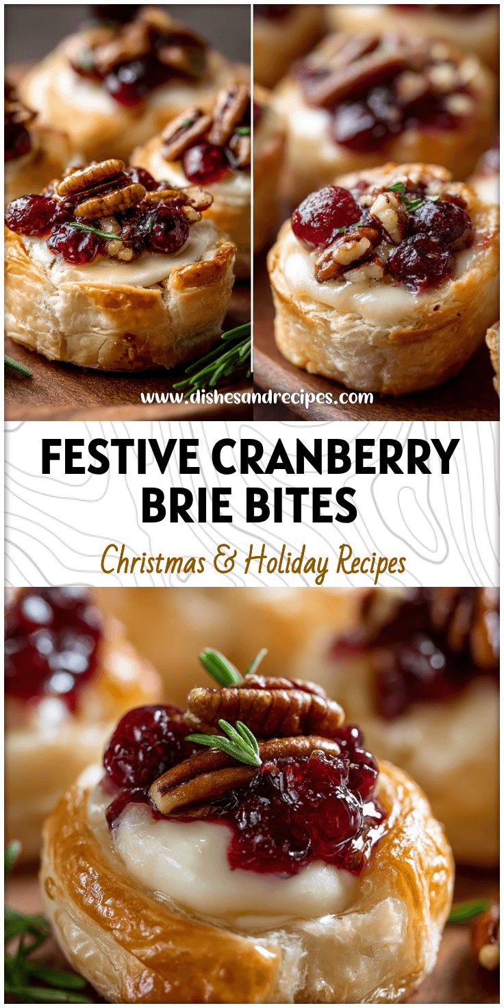 Golden puff pastry filled with melted brie, cranberry sauce, and pecans, ideal for holiday appetizers.